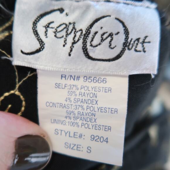 Vintage 90s Steppin' Out Black and Gold Floral Embroidered Party Dress S - Picture 5 of 5